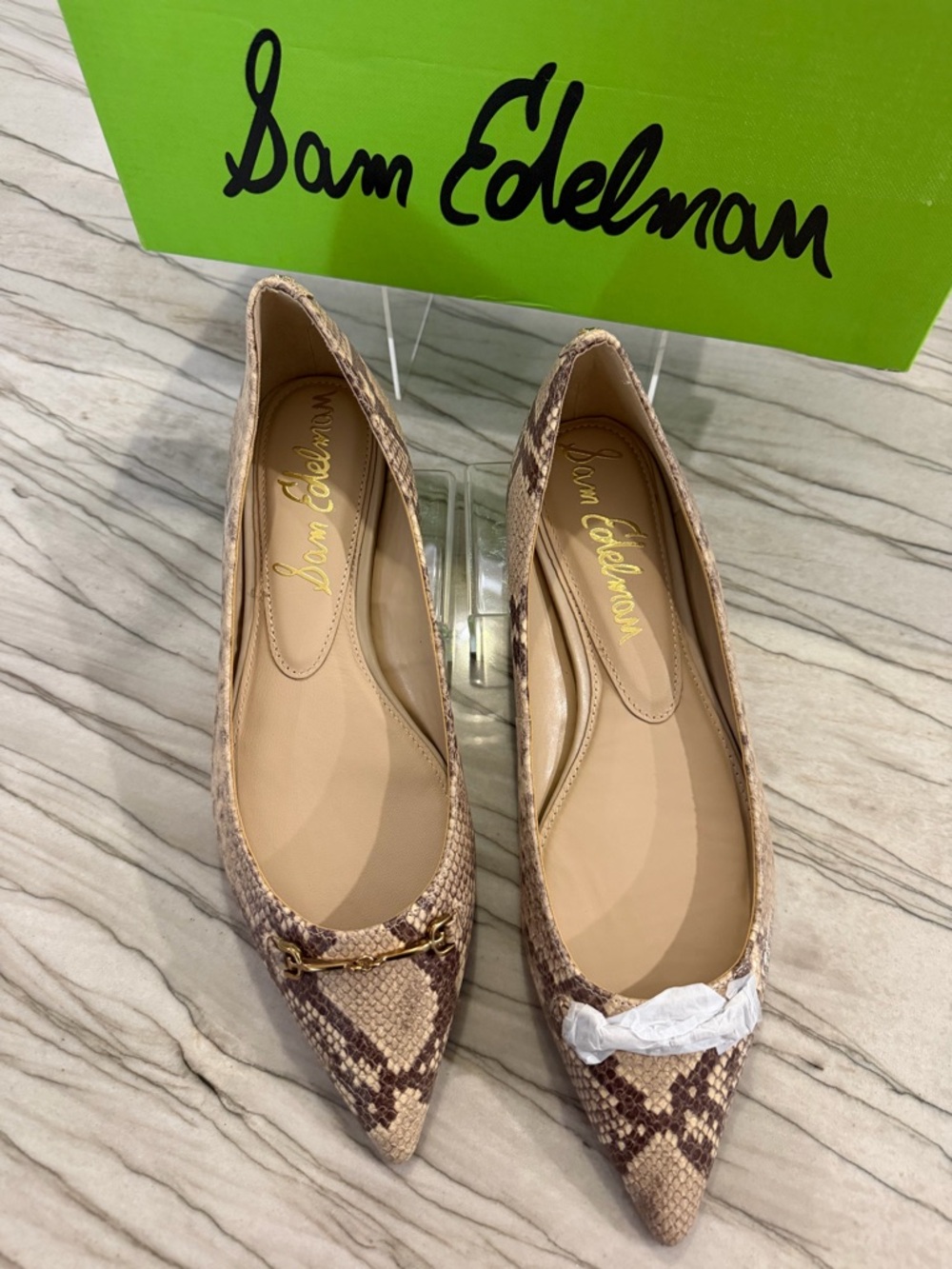 Sam Edelman Beige Snake-Print Ballet Flats with Gold Logo